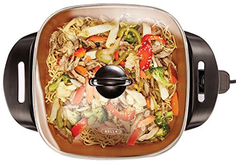 bella Electric Skillet and Frying Pan with Glass Lid, Nonstick Coating, Cool Touch Handles, Removable Heating Probe, Dishwasher Safe, 12 x 12 inch, Copper
