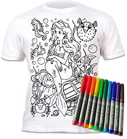 Splat Planet Color in Mermaid T-Shirt with 10 Non-Toxic Washable Magic Markers - Color in and Wash Out T-Shirt (5T) White