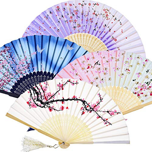 Faltbare Handfächer aus Bambus mit Quaste, für Damen, zur Wanddekoration, als Geschenk (weiße Kirsche, rosa Kirsche, blaue Kirsche und lila Kirsche), 4 Stück