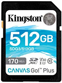 Kingston 512GB SDXC Canvas Go Plus 170MB/s Read UHS-I, C10, U3, V30 Memory Card (SDG3/512GBET)