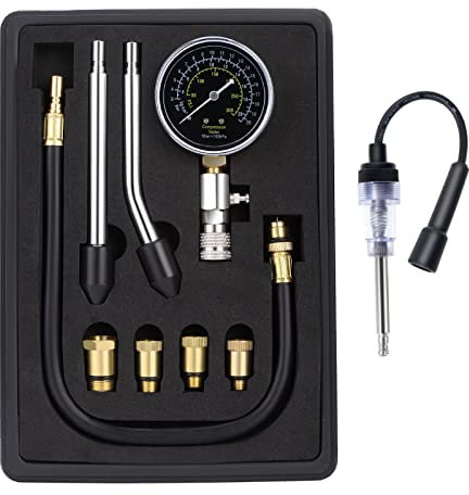 HSEAMALL Benzinmotor-Kompressionstester-Set mit Zündkerzen-Tester, Automobil-Zylinder-Gasdruckmesser-Set für Motorrad, Auto, LKW, Motor-Testwerkzeuge, 9 Stück