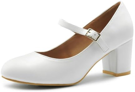 Womens Mid Block Heels Mary Jane Ankle Strap Court Shoes Ladies Comfort Work Pumps Formal Smart Office Low Heeled Strappy Slip On Dolly Shoes White Faux Leather