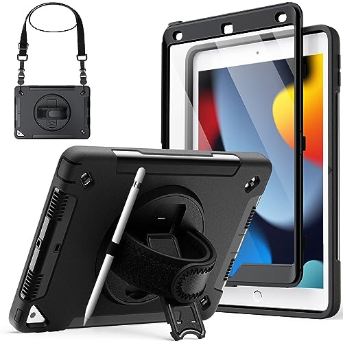 JETech Robust Fodral för iPad 9:e/8:e/7:e Gen. 10,2, Svart | För 2021/2020/2019 Modell, Inbyggt Skärmskydd, 360° Roterande Stativ med Handrem, Kraftigt Stötskydd