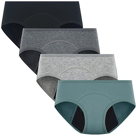 POPKOK Teen Girls Period Underwear Cotton Menstrual Panties 4 pack (12-14 Years, Black/Dark Grey/Grey/Pine Green)