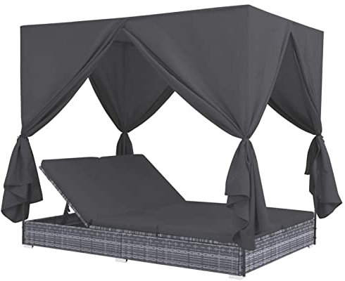 Gecheer Outdoor-Lounge-Bett mit Vorhängen Poly Rattan Sonneninsel mit Sonnendach Garten Sofa Gartenliege | Lounge Liege Set Gartenmöbel Terrassen Strandkorb Grau