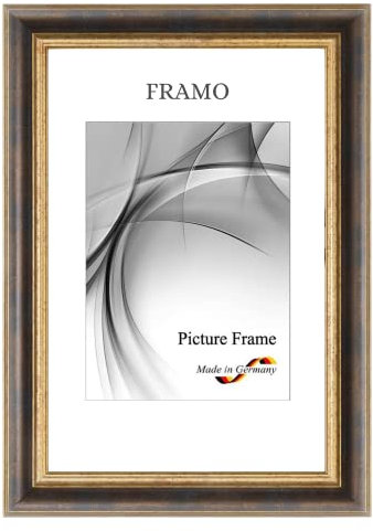 FRAMO N°46 - Cornice portafoto barocca, 18 x 32 cm, in legno massello | bronzo oro | retro vintage antico telaio in legno con vetro sintetico infrangibile e antiriflesso e ganci in metallo