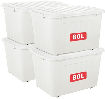 Cetomo 80L*4 Cajas de Almacenamiento con Tapas, Contenedores de Plástico con Ruedas, Clip On, Apilables, Encajables, Organizador Rayado para Oficina en Casa, Blanco, 80L-4 Pack