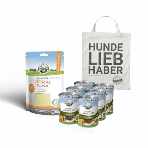 Bellfor Set économique pour Grands Chiens avec giardia Alimentation Humide sans céréales avec Insectes 6 x 800 g Complément Alimentaire Vermal 80 g et friandise Saine pour Chiens 100 g