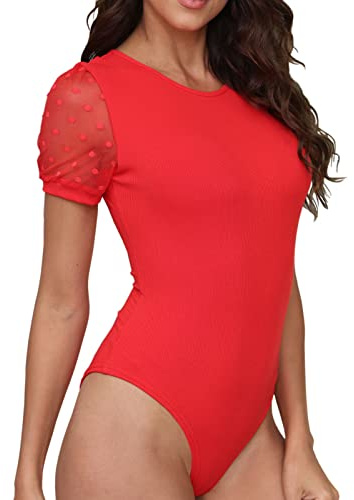 EKAMO Womens Bodysuit Round Neck Polka Dot Lace Sheer Mesh Short Sleeve Ribbed T Shirts Bodysuits Tops Jumpsuit