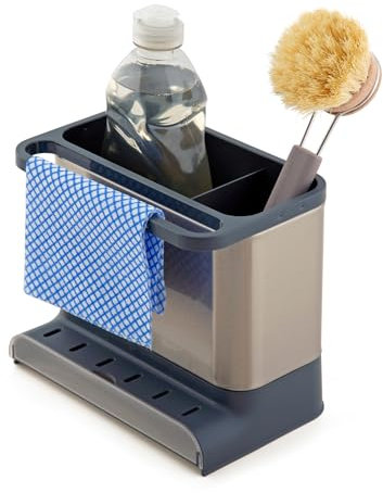 simplywire - Cesta para fregadero - Organizador de fregadero de cocina - Bandeja de goteo extraíble - Antideslizante - Gris y acero inoxidable