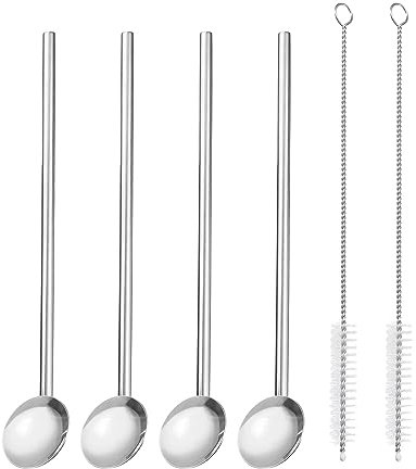 QUARKZMAN 4Stk Edelstahl Strohhalme Löffel 7.7 Wiederverwendbar Metall Trinkender Strohhalm Löffel mit Reinigung Bürsten für Milchshake Getränke Cocktail Silber