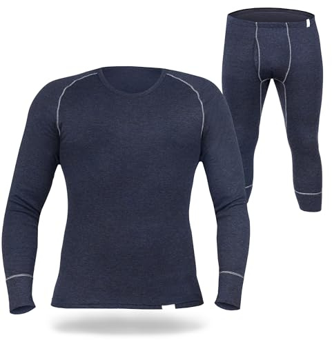 SES Termounderkläder herr set 3/4 långa av 75 % bomull och 25 % polyester/ventilerande och hållbara termiska underkläder med gylf för män/termounderkläder för värme och komfort, marinblå, S
