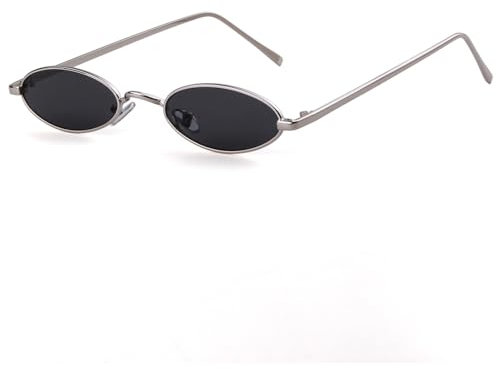 Laurinny 90er Retro Kleine Ovale Sonnenbrille Herren Damen Vintage Hippie Brille Metallrahmen Schmale Sonnenbrille(Silver/Grey)