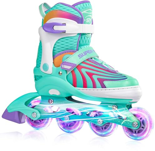 SUPER YOUNGSTER Girls Inline Skates for Boys Kids Ages 4-12, Adjustable Light Up Roller Skates for Youth Teens Ages 8-12, Beginner Blades for Women Adults