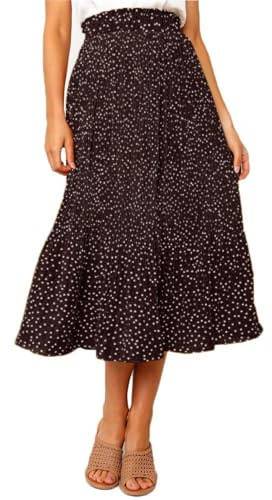 Oyamiki Women's Stretchy Pleated Skirts Vintage Elegant Polka Dot Gathered Skirt Trendy Dasily Summer Maxi Skirt, S Coffee