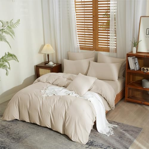 YASMENG halvlines sängkläder 200 x 220 beige linne och bomull sängkläder mjukt andas mysig modern linne påslakan set 3 delar med dragkedja och 2 örngott 80 x 80 cm