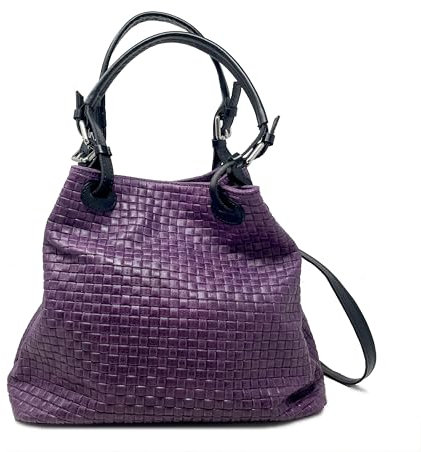Chicca Borse Borsa a Mano Stampa Intrecciata da Donna con Tracolla in vera pelle made in Italy - 34x29x18 Cm (Viola - Nero)