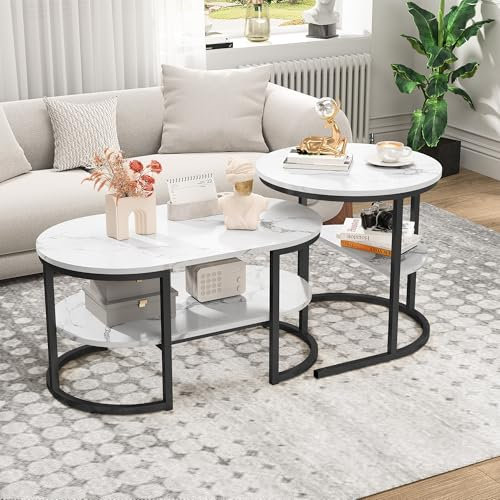 BHFFTHK Couchtisch 2er Set,2 in 1 Wohnzimmertisch mit stauraum,Moderne Sofatisch Couchtisch Rund und Oval in Marmor Optik,Metallrahmen satztische fürs Wohnzimmer,Beistelltisch Set