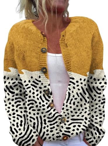 Cachemire - Cardigan en laine multicolore pour femme - Épais tricot d'hiver avec boutons - Haut court - Cardigan chaud - Imprimé, jaune, M