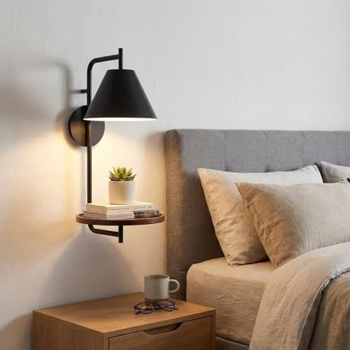 BARCELONA LED Aplique de Pared Interior Bilon E27 con Estante Integrado de Madera, Lámpara de Pared Moderna Negro Mate para Dormitorio, Cabecero de Cama, Salón y Hotel, Bombilla No Incluida