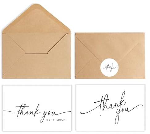 Calkkrer 10 Tarjetas de Agradecimiento con Sobres Marrón Café & Pegatinas a Juego, Diseño Minimalista, Adecuado para Boda, Baby Shower, Graduación