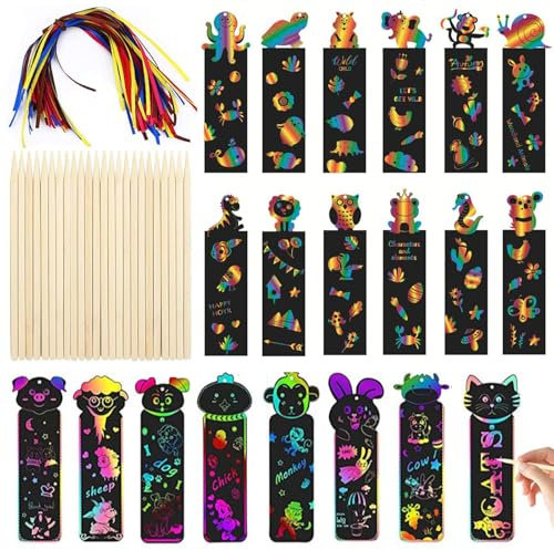 dinghaole 20 Pièces Marque-Pages à Gratter, Carte à Gratter Dessin à Gratter, Animaux Scratch Art Marque Pages Marque Page Animaux à Gratter Papier a gratter Arc en Ciel pour Étiquettes Cadeaux