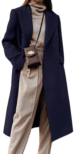 IDEALSANXUN Womens Long Wool Coats Fall Winter Double Breasted Trench Coat Peacoat, Navy, Medium