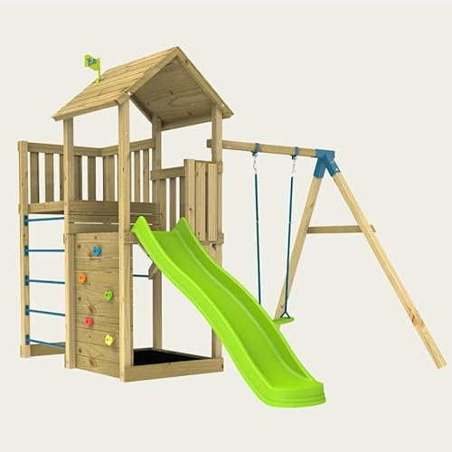 TP Skywood Wooden Tower Climbing Frame with Ripple Slide, Sky Deck & Single Swing Arm - FSC® certified