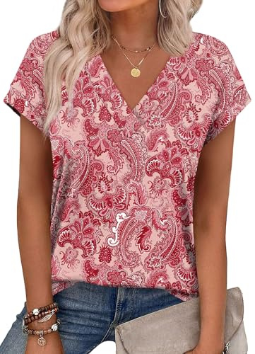 Boho Tops for Women Short Sleeve Valentines Shirts V Neck Summer Vacation Outfits 2026 Womens Blouses Dressy Casual Pink Floral XL