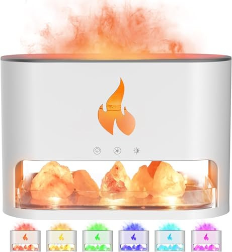 Diffuseur d'Huiles Essentielles avec Lampe de Sel de l'Himalaya, 150ml, Humidificateur à Brume Froide, Luminosité Multicolore (Blanc)