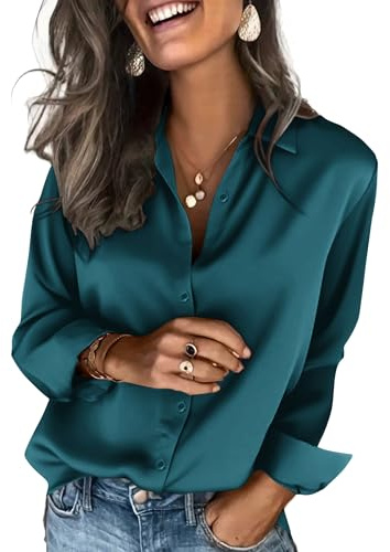 Zeagoo Teal Blouses for Women Dressy Casual Satin Silk Button Down Shirts Long Sleeve Tops Work