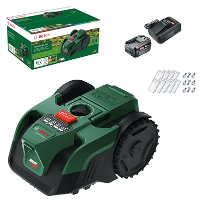 Bosch Tondeuse Robot sans-Fil VISIMOW18V-100 (pour pelouses Jusqu’à 100 m², Largeur de Coupe: 16 cm, Hauteur de Coupe: 20-60 mm, avec Lames de Rechange, Batterie et Chargeur)