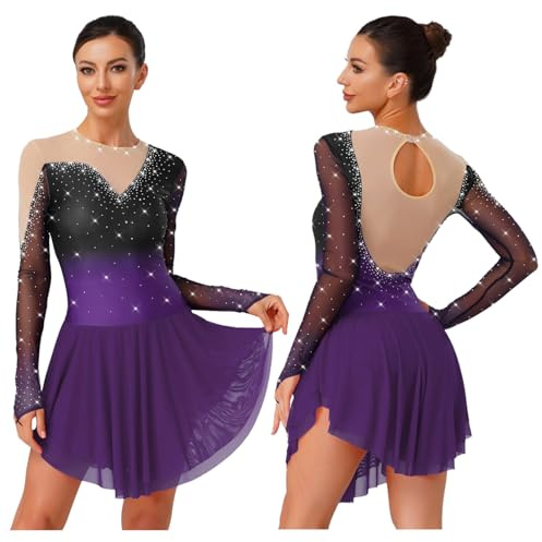 Jhaoyu Figure Skating Dress for Women Ballet Dance Costume Gymnastic Leotard Sparkly Bodysuit Ballroom Dancewear Purple S
