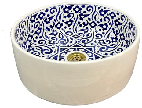 Brassatelier Handmade Ceramic Vessel Sink - Blue & White Floral Bathroom Basin - Round Countertop Washbasin with Brass Drain (Brown, 14in = 35cm)