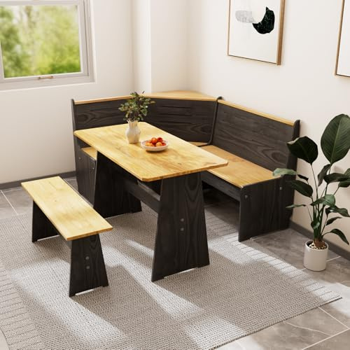 Kitchen Breakfast Nook Table Set - Solid Wood Corner Bench Dining Set for 4-6 People, L Shaped Bench for Dinner Room, Space Saving Kitchen Booth Seating with Table for Small Space, Black Upgrade