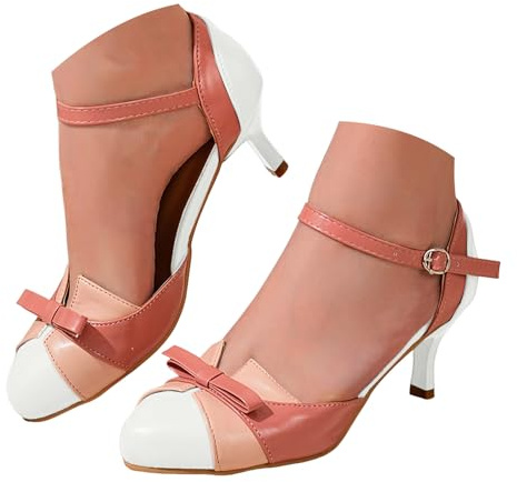 Dam rosett kattunge klack pumps ankelrem Mary Jane-skor färgblock retro klänning klackar stängd tå eleganta festskor för bröllop arbete kväll fritidskläder, Vitt, 39.5 EU