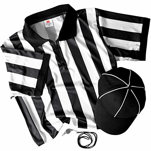 Referee Necessities Bundle - Black & White Striped Referee Jersey, Umpire Hat, and Stainless Steel Ref Whistle with Lanyard - Men's, Unisex Amateur Sports Football Costume Apparel (Small)