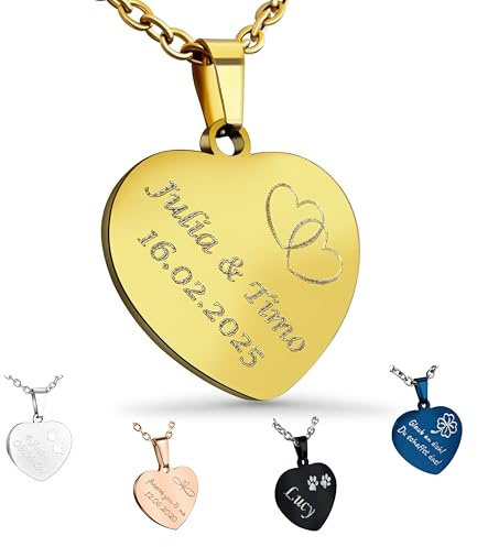 Hanessa Herz Kette in Gold – Personalisierte Halskette mit Gravur aus Edelstahl 50–60 cm – Individueller Schmuck für Frauen, Damen & Mädchen – Geschenk zum Geburtstag, Weihnachten & Hochzeitstag