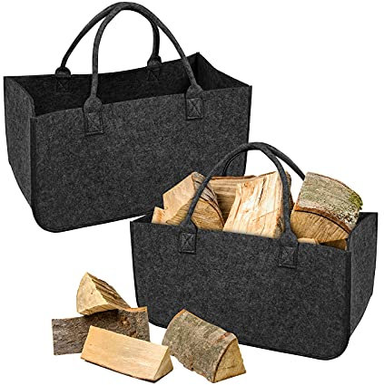 YRHome Lot de 2 sacs en feutre pliable pour bois de cheminée - Sac shopping - Sac à jouets - Charge maximale : 30 kg - 50 x 25 x 25 cm - Gris foncé