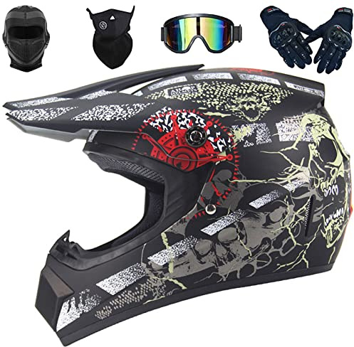 Casque Moto Homme Homologué, Casque Moto Cross, Casque Intégral Motocross VTT avec Gants Lunettes Masques et Cagoule, Casque de Downhill Homme et Femme pour Dirt Bike BMX MTB ATV Quad Enduro