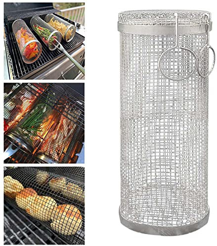 BAtlam Panier de Gril Roulant, rôtissoire de Poisson de Panier de Gril de BBQ, Panier de Gril pour des hachoirs de crevette de Steak de légumes de Poisson-S (L)