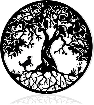 Pduoduo 30cm Black Metal Tree of Life Wall Decor Silhouette Art(with dog) for Gift Present Indoor Outdoor Garden Home Decoration (11.8inch)