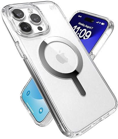 Speck Presidio Transparente Schutzhülle für iPhone 15 Pro Max, gebaut für MagSafe, Fallschutz, kratzfest, Vergilbungsschutz, 17,5 cm, Chrom-Finish