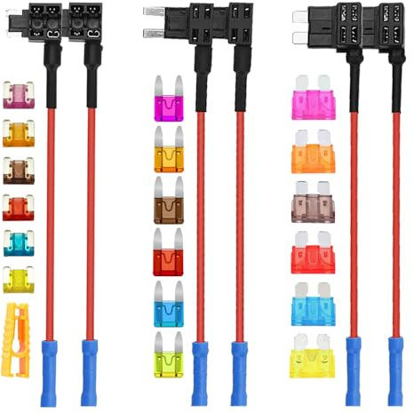Aiqeer 6 Pezzi 12V / 24V Add-a-Circuit Portafusibili Set, Adattatore Fusibili Auto con 16 AWG Cavo, Gratuito 18 Pezzi Fusibili a Lama e Estrattore di Fusibili (Terminale a Crimpare)