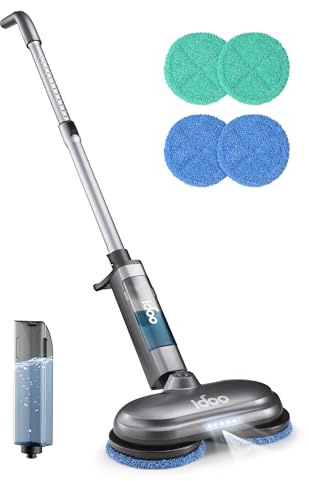 iDOO Cordless Electric Mop with Water Spray & LED Headlight, 350ml Water Tank, Electric Spin Mop, Polisher for Hardwood, Tile Floors, Quiet Self Propelled, Floor Cleaner with 4 Scrub Pads, Grey