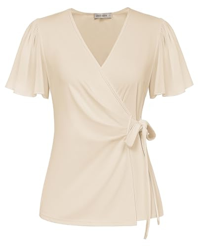 GRACE KARIN Elegante Blusa Vintage en Gasa para Mujer, Manga Corta, Poncho, túnica de línea A, Elegante Parte Superior con Lazo para Boda y Fiesta, Color Albaricoque, Talla XL
