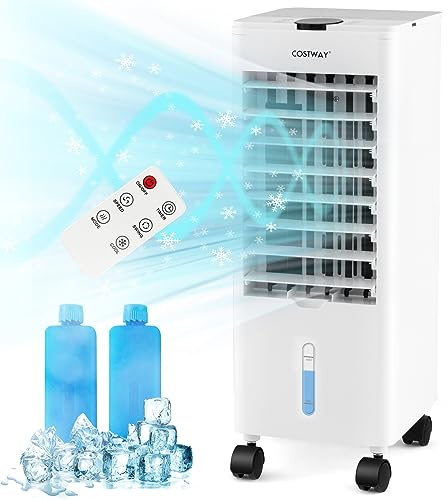 COSTWAY 4 en 1 Climatizador Evaporativo, 60W Enfriador de Aire Portatil, Ventilador con 3 Velocidades, Humidificador, 4 Acumuladores de Frío,12H Temporizador, 2,8L Tanque de agua