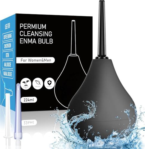 Ducha anal pera lavado recto-enema para limpieza de colon,ducha íntima y ducha vaginal para hombres y mujeres con 3 boquillas extraíbles, cómodas y finas 224 ml (Negro)