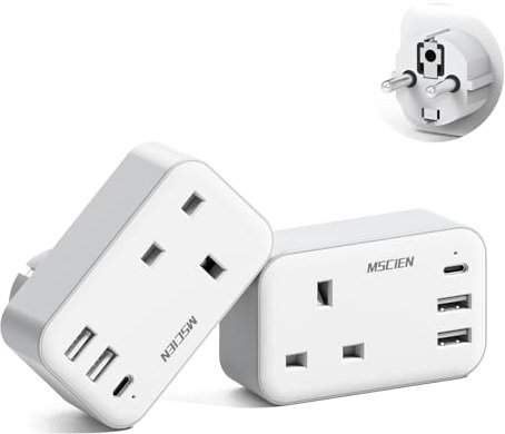 2 Pack UK to European Europe EU Plug Adapter with 3 USB (1 USB C), MSCIEN Euro Schuko Grounded Charger for Turkey Greece Germany France, Type E/F Europe Plug Adapter