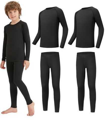 AMZSPORT Biancheria Intima Termica per Bambini, Set Intimo a Manica Lunga per Ragazzi, Comfort e Traspirabilità per Lo Sci, Nero-2 Set XL